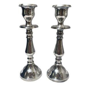 POTTERY BARN Candlesticks Pair Silvertone Metal 8.5" Candle Holders